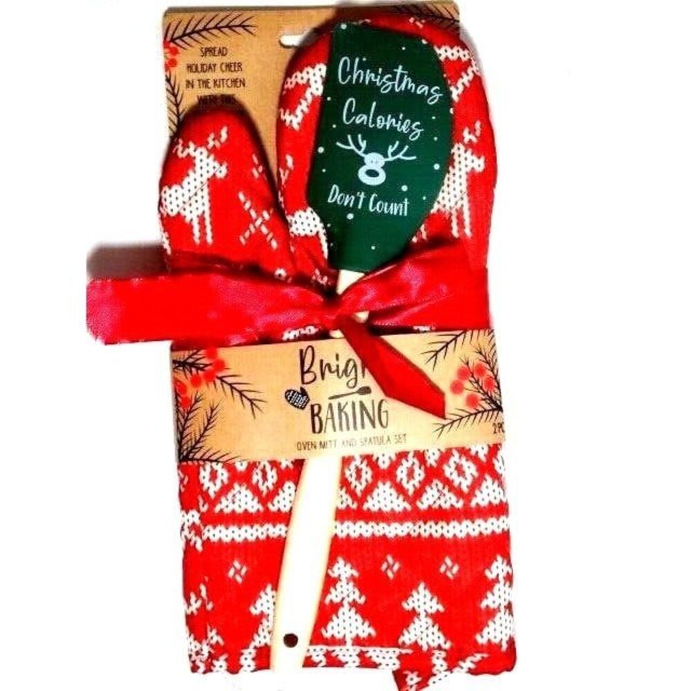 Christmas Calories Don't Count Spatula and Quilted Oven Mitt Red Green 2-Pc NEW